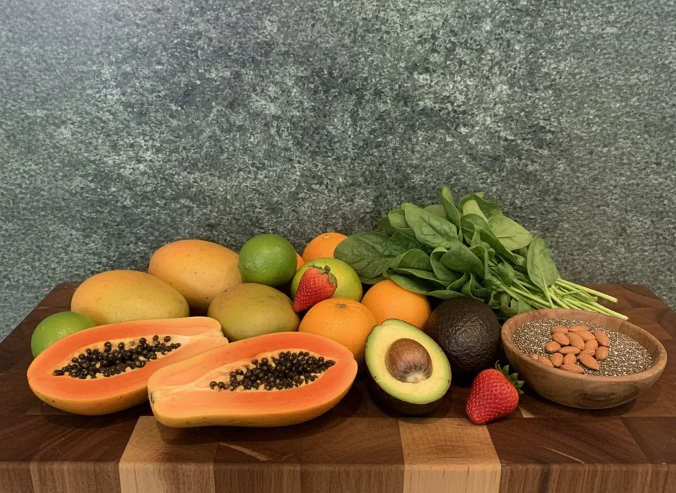 Papaya, mango, citrus, avocado, spinach, strawberries, chia and almonds on the counter