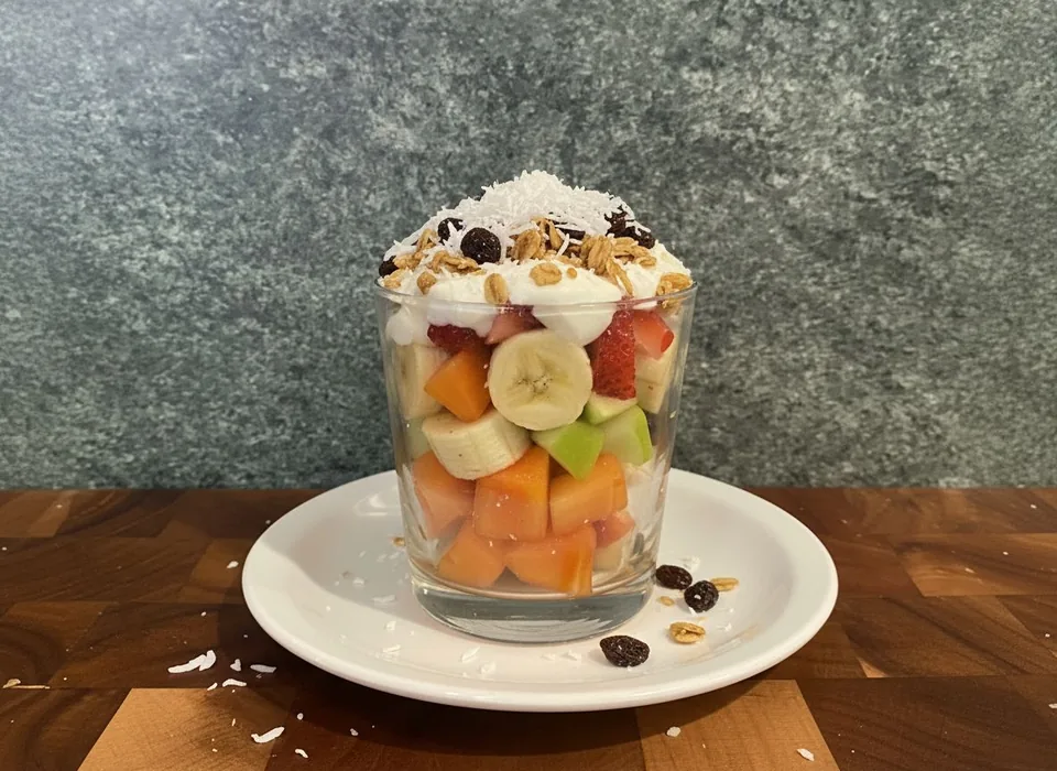 A bionico cup of chopped fruit topped with cream, granola and coconut