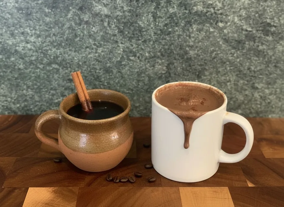 A cup of café de olla with cinnamon and a mug of Mexican hot chocolate