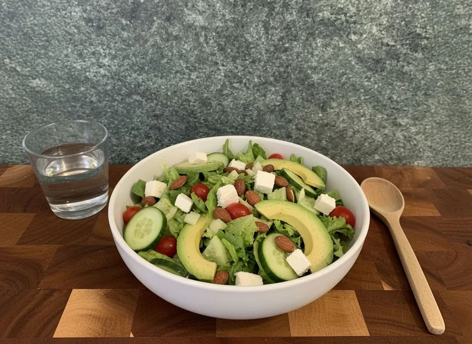 A bowl of green salad with panela, avocado and almonds