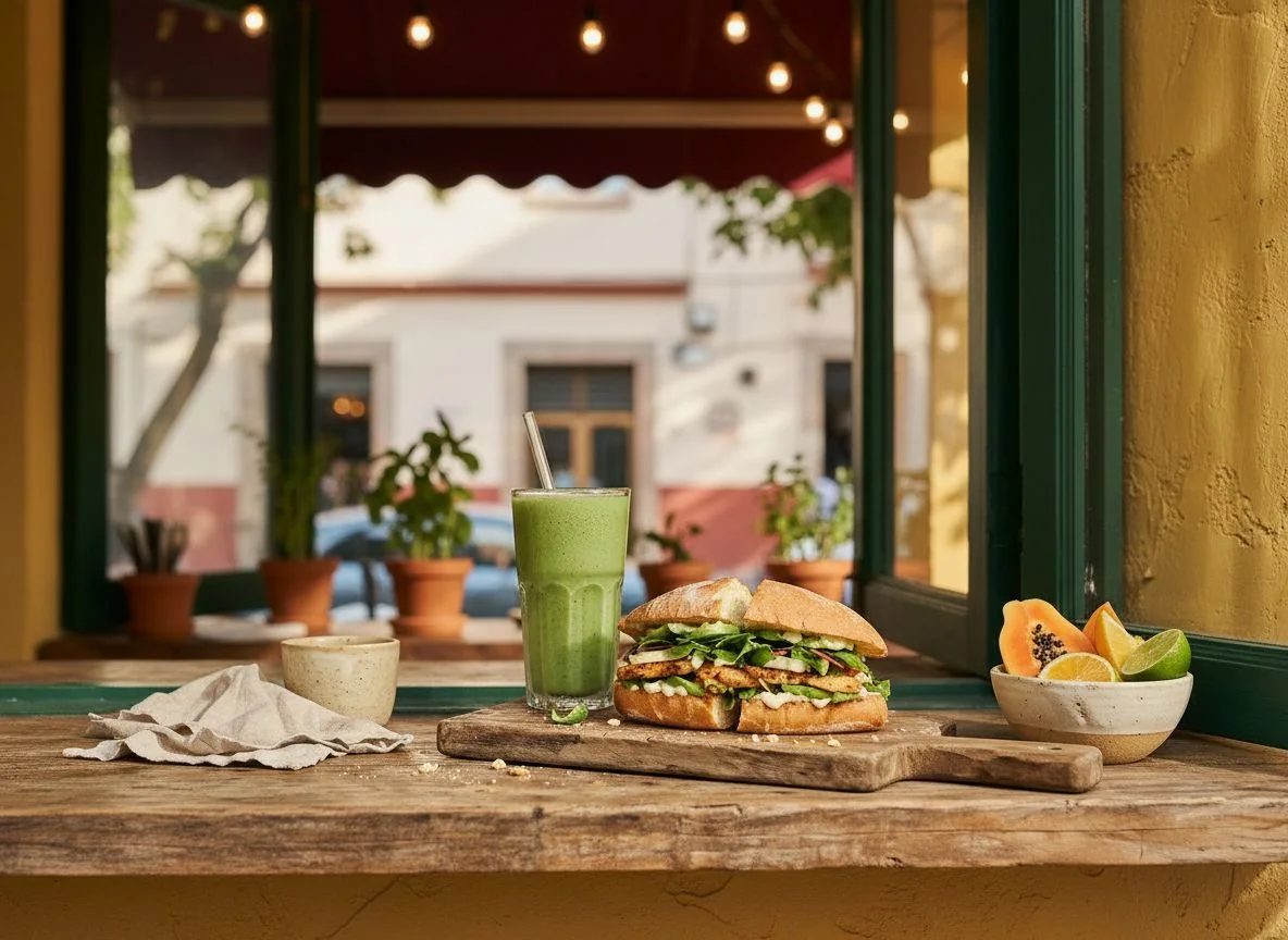 A green smoothie and a lonche on a wooden board at a sunlit counter window under a wine awning