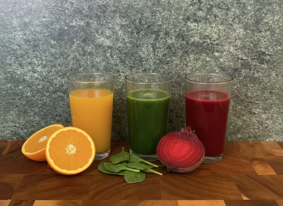 Orange, green and beet juices with fresh produce