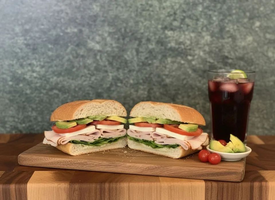 A lonche on a bolillo roll with turkey, panela, avocado and tomato