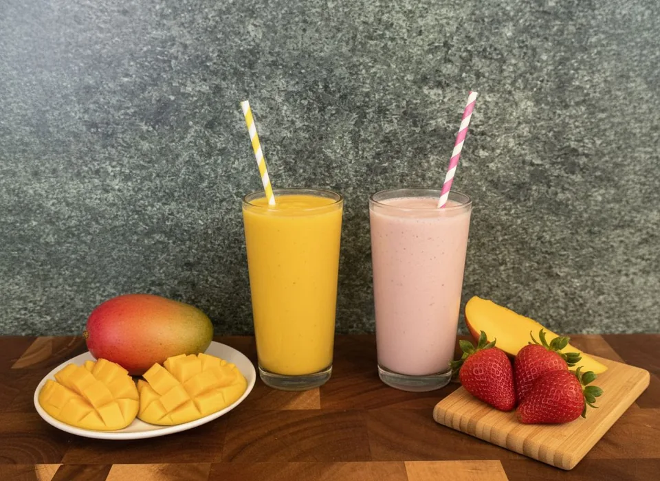A mango smoothie and a strawberry licuado with fresh fruit