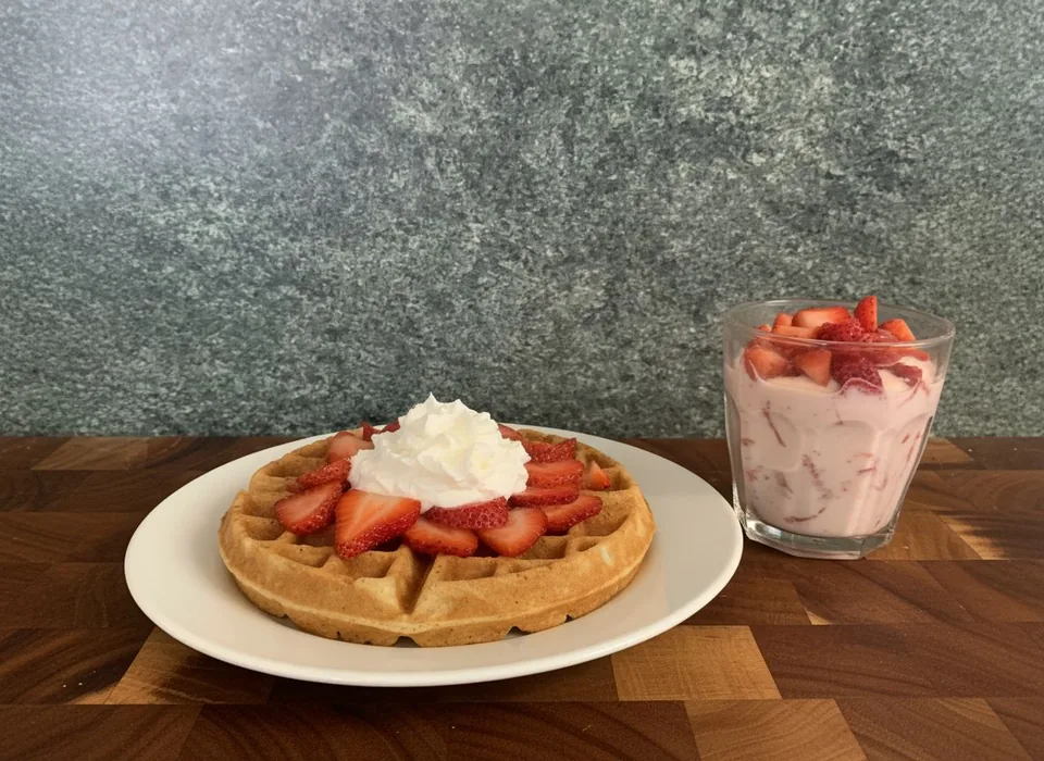 A waffle with strawberries and a cup of fresas con crema